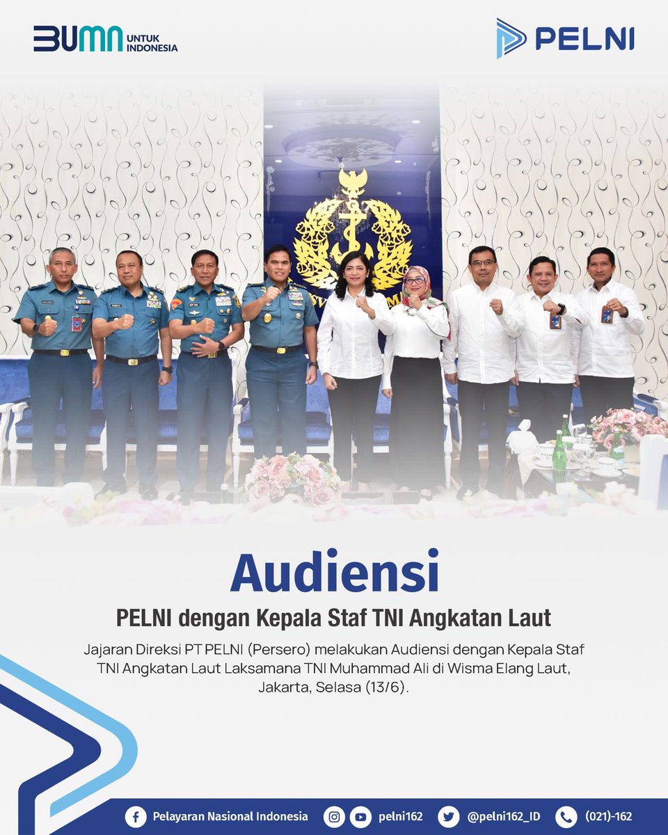 ElectrizenBogor's tweet image. Jajaran Direksi PT PELNI (Persero) melakukan Audiensi dengan Kepala Staf TNI Angkatan Laut Laksamana TNI Muhammad Ali di Wisma Elang Laut, Jakarta, Selasa (13/6). #PELNITNIAL #JalesvevaJayamahe
