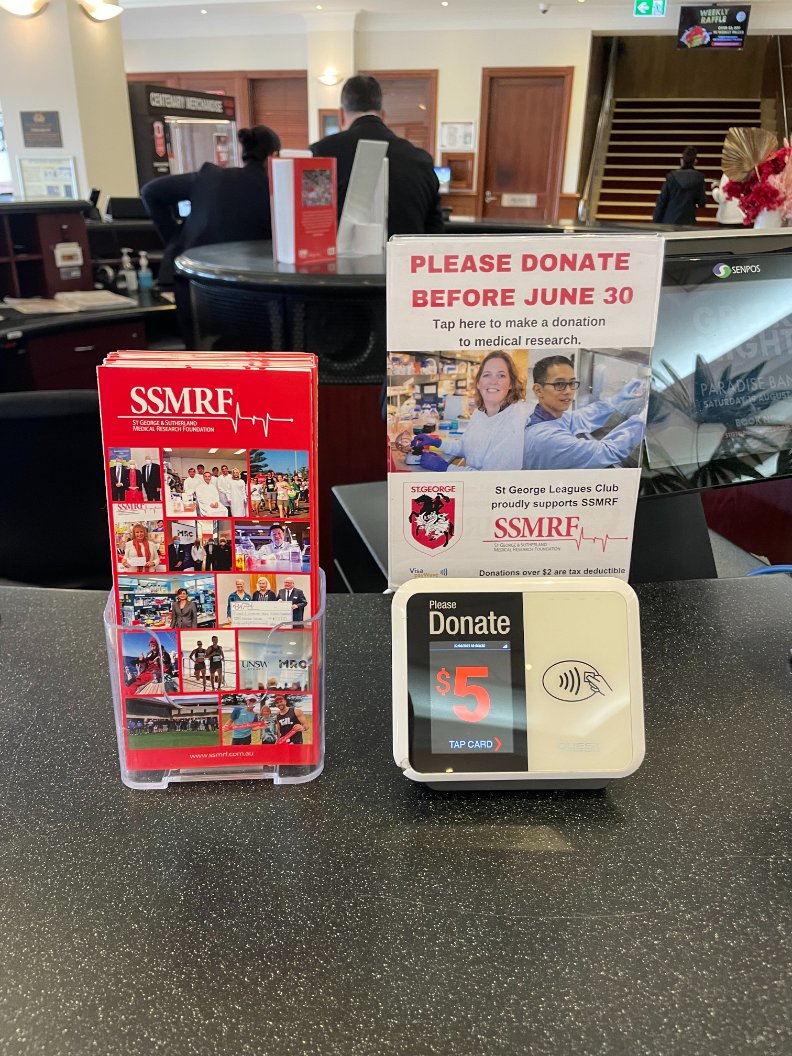 SSMRF_official's tweet photo. In the @StGeorgeLeagues Club foyer, you’ll find a new addition – SSMRF donation machine for our EOFY tax time appeal for medical research. To donate to SSMRF before June 30 visit our website: https://t.co/GDNTL2ozkG #thankyou #taxappeal #medicalresearch #ssmrf #healthcare https://t.co/vKSZrPVKkH