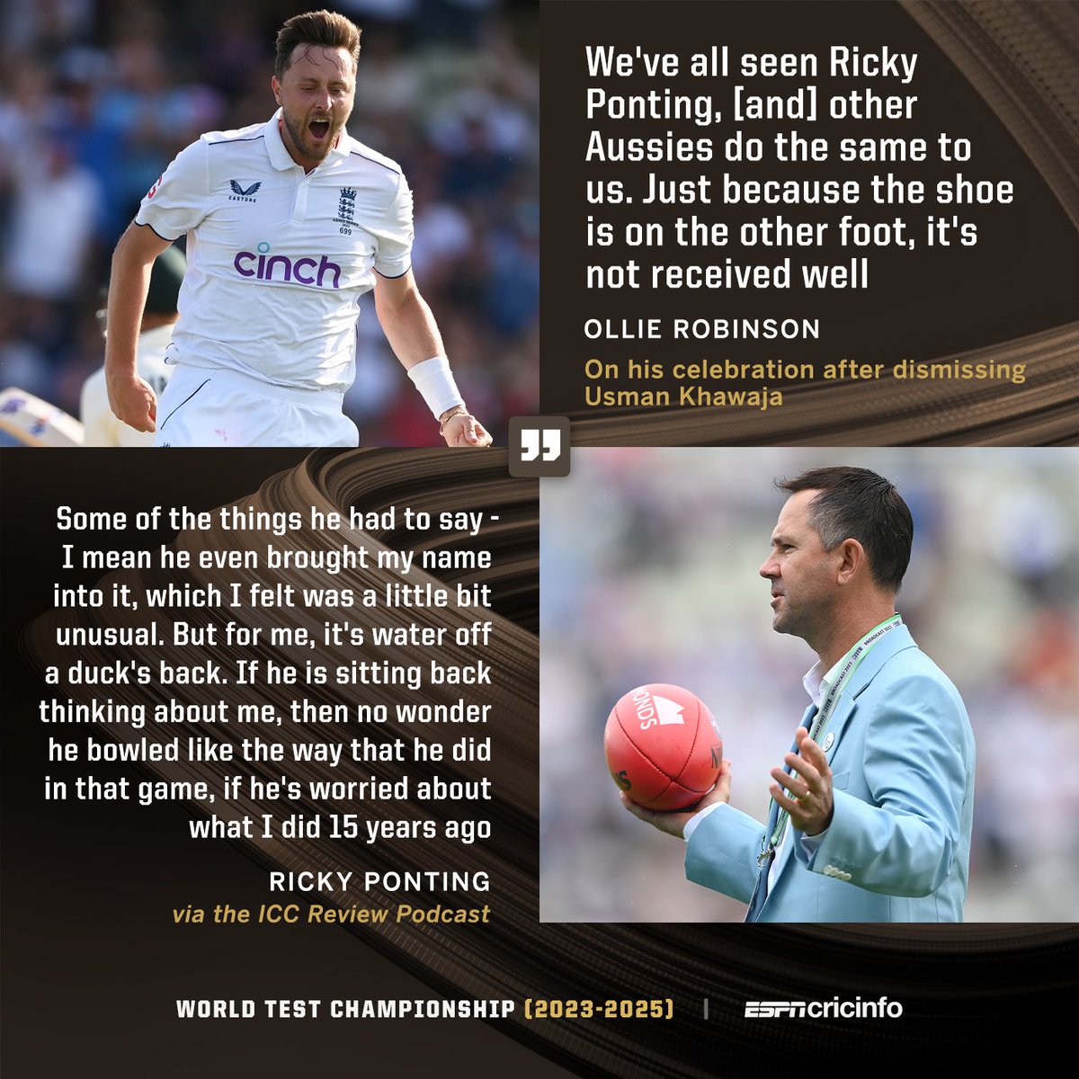 cricinfo's tweet photo. Ollie Robinson had referred to Ponting's sledging as a player to justify his send-off to Usman Khawaja

The former Australia captain fired back after the first #ENGvAUS Test 👉 https://t.co/YZVsNrsFsE #CricketTwitter https://t.co/IBlR0feZl3