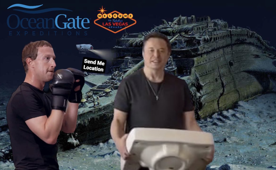 GreenSageSmoke's tweet photo. BREAKING:
Ocean Gate Expeditions set to sponsor the upcoming ‘Musk vs Zuck’ cage match.
LET THAT SINK IN
@elonmusk #oceangate #vegas #musk #elon #zuck #ufc #letthatsinkin #meme #sendmelocation #Titan #pepe $pepe https://t.co/Uu0vAwgplF
