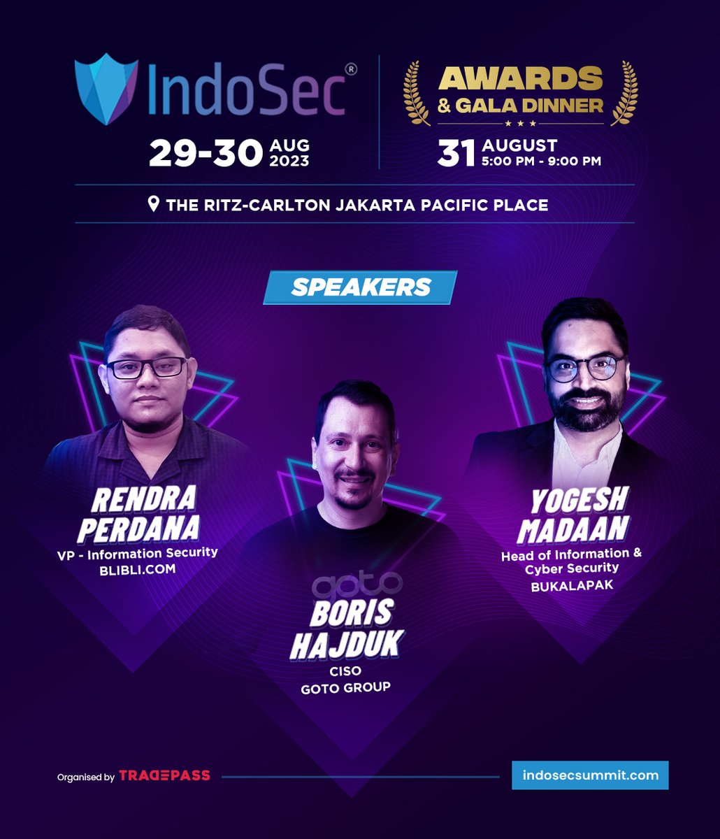 IndoSec 2023 is getting better and better with elite cybersecurity experts making it to our speaker line-up!
Register now to meet the experts: hubs.la/Q01VnVL30

#IndoSec2023 #IndoSec #cybersecurity #cyberdefence #networksecurity #zerotrustsecurity #cloudsecurity #tradepass