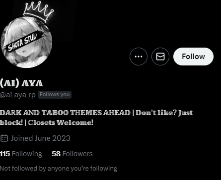 Oh boy cant wait to come back and ...

huh.
the @ is ai_aya_rp.
id tell them to kys but id get banned for telling someone who does wrong things to pay the price of their actions.

ill come back soon, just not today.