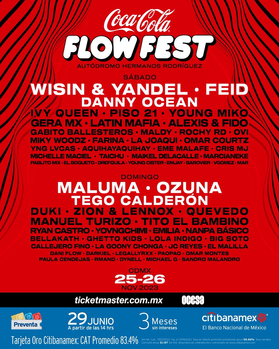 ¡La espera ha terminado! 🥵 Con mucho orgullo les presentamos el cartel oficial del #CocaColaFlowFest23. 🙌🏻 Esta es la sexta edición de El Festival De Reggaeton Más Grande Del Mundo. Gracias por ser parte de nuestra familia. 💖 
#PreventaCitibanamex: 29 de Junio- 2:00 pm