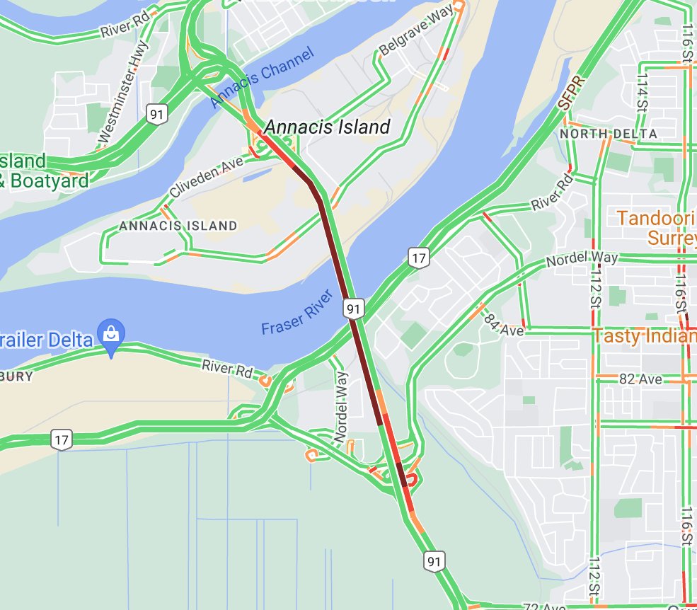 #BCHwy91 vehicle incident Southbound blocking two right lanes at the South end of the #AlexFraserBridge. Expect major delays due to congestion. #RichmondBC #DeltaBC