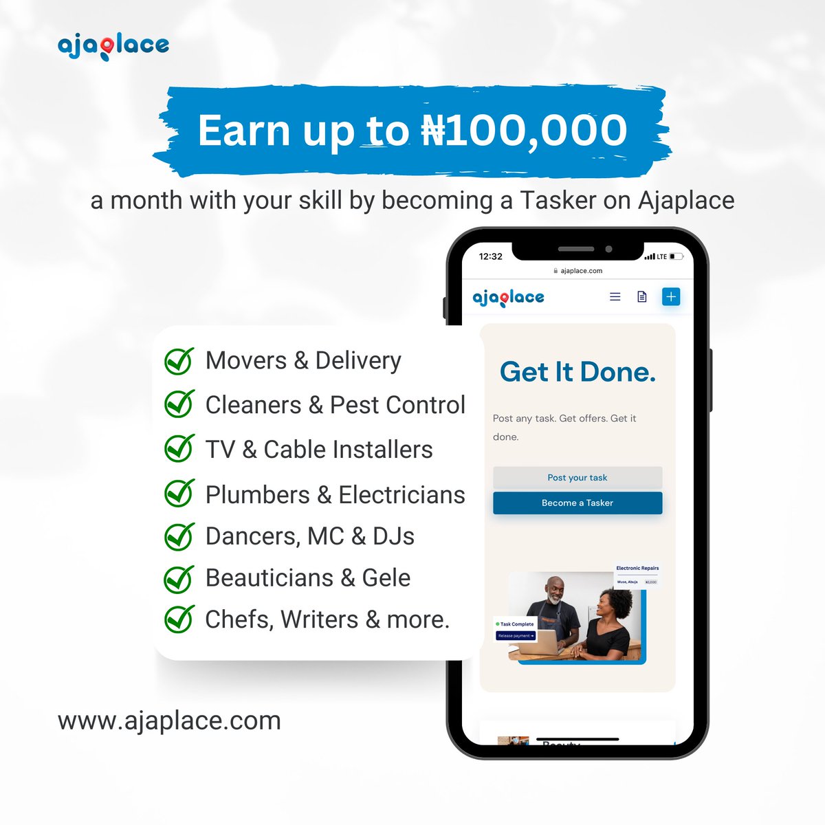 ajaplace's tweet image. Earn with your skill today on Ajaplace

#Ajaplace #getjob #getjobdone #remotework #remotejob #remotejobsinnigeria #nigeria #abuja #lagos #movers #delivery #deliveryguy #cleaners #pestcontrol #tvinstallation #plumbers #chef #dancers #mc #dj #beautician #makeupartist #writers