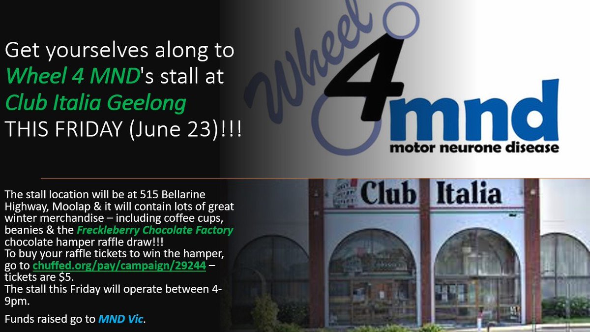 SoldOutGeelong's tweet photo. #Wheel4MND #MND WHEEL 4 MND TWILIGHT STALL.   SAVE THE DATE - FRIDAY JUNE 23 2023.(MND WEEK).  Club Italia Geelong 4PM - 9ISH Funds to @MNDVic.   #ALS #mndweek #clubitaliageelong @Wheel4MND.  
#stall #mndvictoria #geelong https://t.co/Cg5pzoof4S 

#event https://t.co/sinve4NXp3💙 https://t.co/KEFCZW9S6x