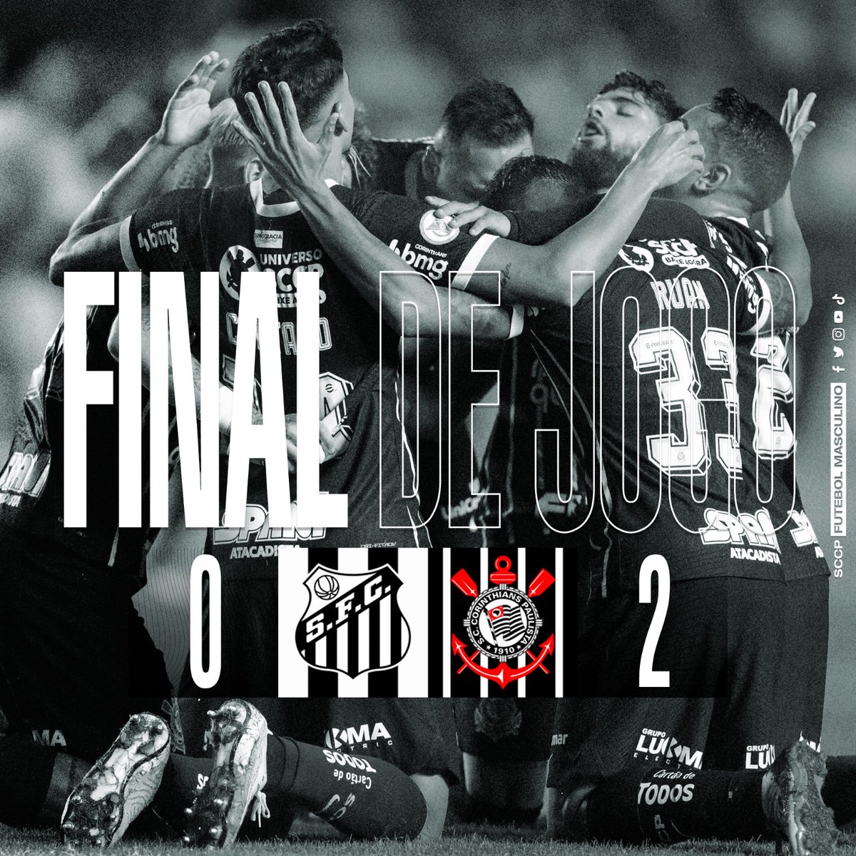 Corinthians's tweet photo. FIM DE JOGO NA VILA BELMIRO! 🙌🏼⚽

O Timão vence o Santos por 2 a 0 e garante os 3 pontos fora de casa! 🖤🤍

⚽ Yuri Alberto
⚽ Ruan Oliveira

#DiaDeCorinthians
#VaiCorinthians https://t.co/Mcmxjns283