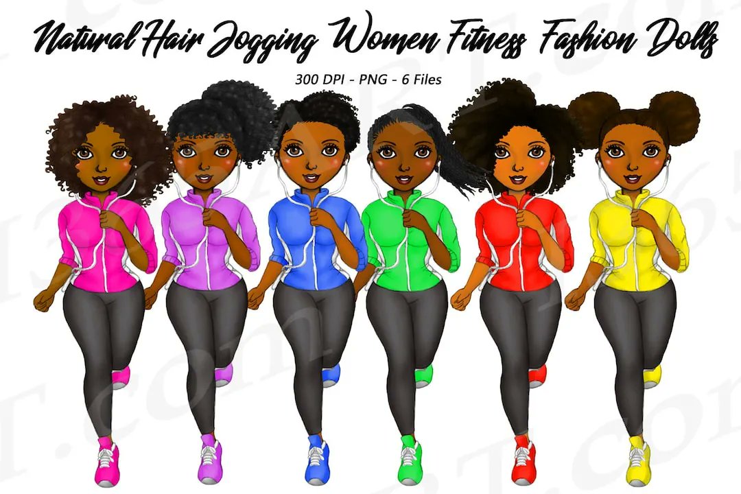 Cute Jogging girls African American fitness sublimation clipart set by I365art ❤️❤️❤️ buff.ly/3onlRBd