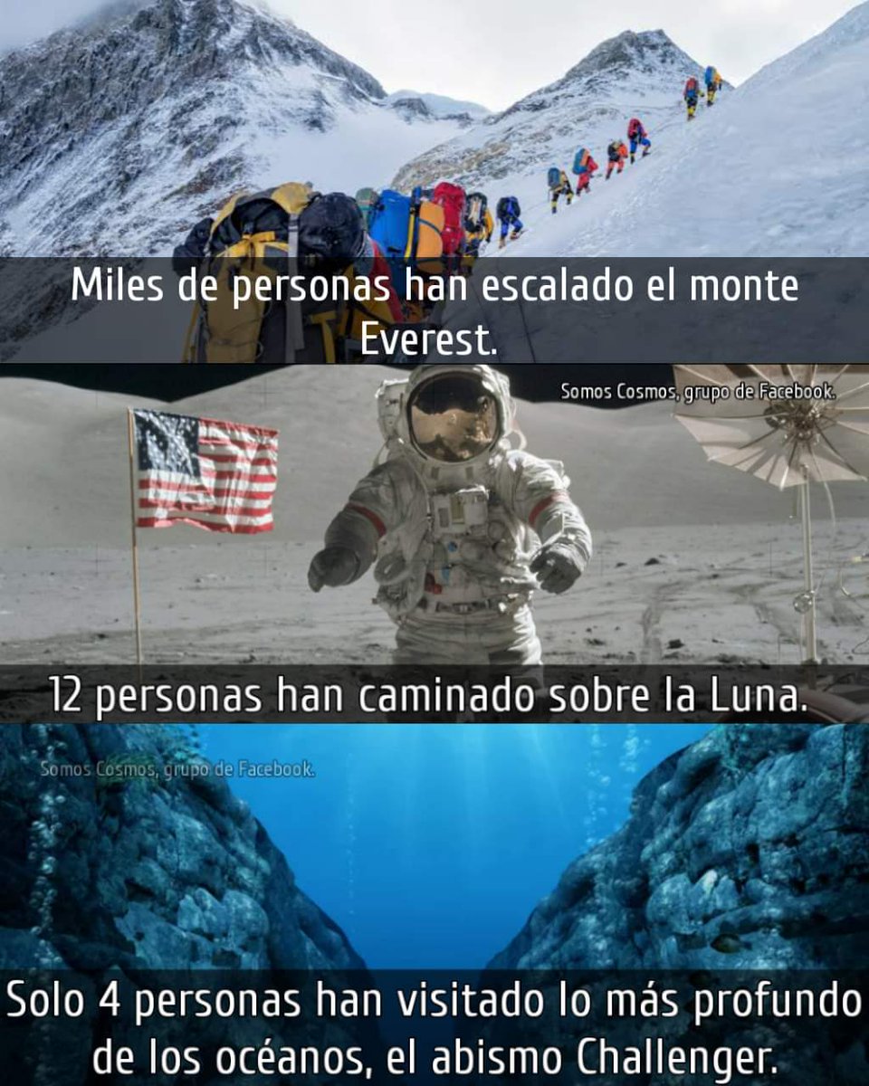 InformaCosmos's tweet photo. ⚠️| EL FONDO MARINO ES DURO, PUEDE SER INCLUSO MÁS DURO QUE EL ESPACIO 

Nuestro conocimiento limitado de la Fosa de las Marianas significa que hemos explorado más en el espacio exterior que en las profundidades del océano.

El punto más profundo de los océanos es el abismo Challenger, en inglés «Challenger Deep», en la Fosa de las Marianas del Océano Pacífico situado a casi 11 kilómetros de profundidad.

Debido a su extrema profundidad, la Fosa de las Marianas está envuelta en una oscuridad perpetua y la temperatura es solo unos pocos grados por encima del punto de congelación.

La presión del agua en el fondo de la zanja es un aplastante de ocho toneladas por pulgada cuadrada, o unas mil veces la presión atmosférica estándar al nivel del mar. La presión aumenta con la profundidad.

Hasta ahora se han realizado 3 misiones al abismo  Challenger:
- 1960, a cargo del teniente de la Fuerza Naval de EE.UU. Don Walsh y el ingeniero suizo Jacques Piccard.
- 2012, el director de cine James Cameron. 
- 2019, el empresario Víctor Vescovo (primera persona en llegar a los puntos más profundos de los cinco océanos de la Tierra).