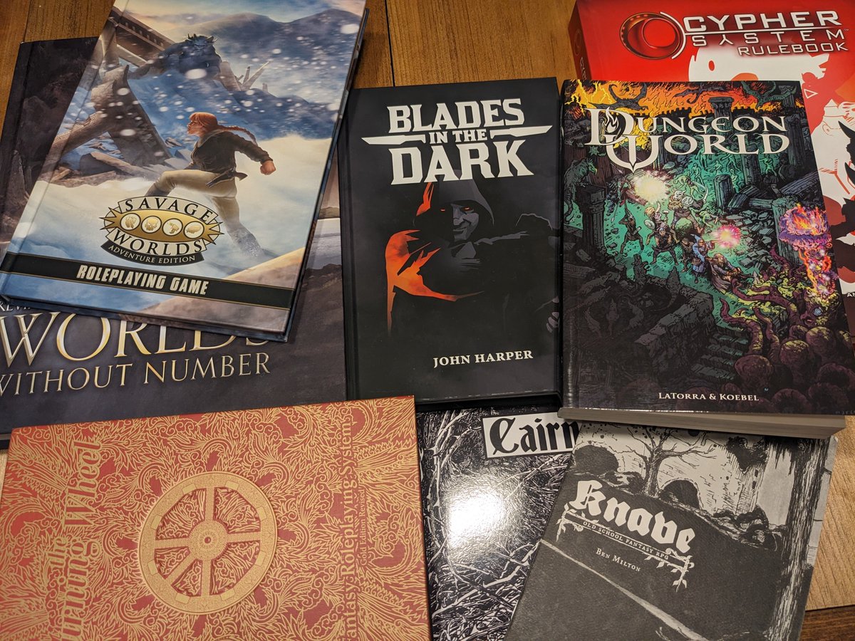 Elder_goblin's tweet photo. TTRPGs I want to run (as soon as the baby allows ๐
).
..And probably the only things I will run for a while.
#ttrpg #rpg #tabletopgames #bladesinthedark #burningwheel #cairn #cyphersystem #DungeonWorld #knave #savageworlds #worldswithoutnumber #osr #dnd https://t.co/PeHxtsiKxs