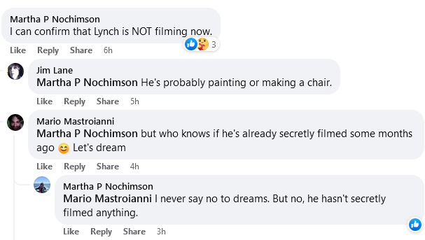 fatecolossal's tweet photo. For what it's worth: Martha Nochimson, who has published multiple books on David Lynch &amp; interviewed him numerous times, posted on Facebook today that she "can confirm that Lynch is NOT filming now," and that "he hasn't secretly filmed anything." https://t.co/Sf3HHKX05Q