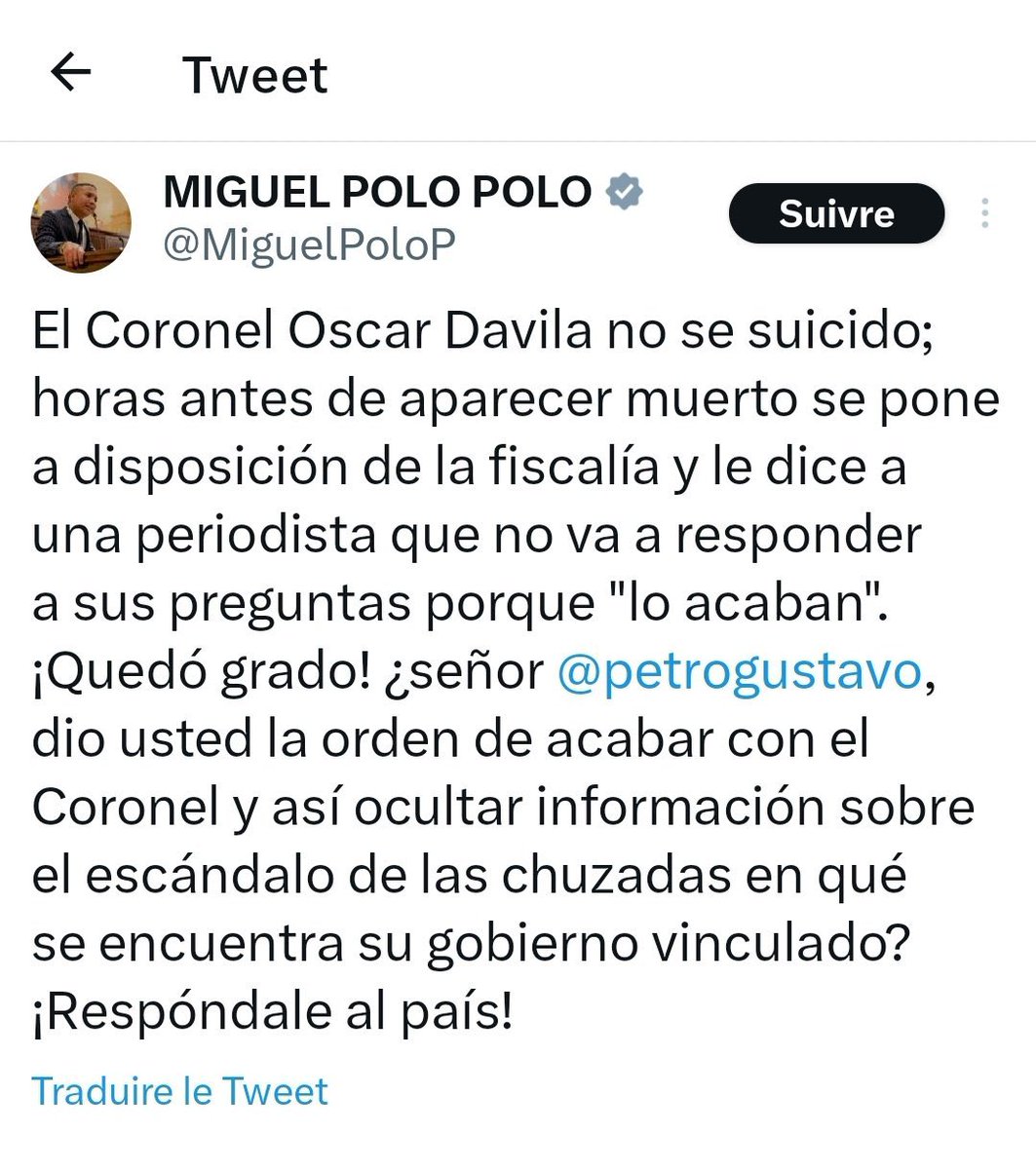 Exijo a presidencia de la República que inicie los procesos jurídicos que sean necesarios, en contra del representante a la cámara <a href="/MiguelPoloP/">MIGUEL ABRAHAM POLO POLO</a> 
Su investidura le exigen alto grado de responsabilidad al expresarse.
Insinuar que el señor presidente <a href="/petrogustavo/">Gustavo Petro</a> ordenó asesinar al
