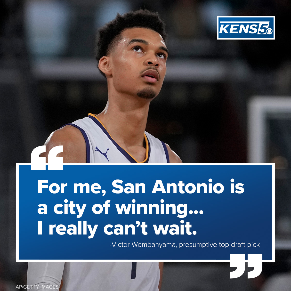 KENS5's tweet photo. There was still 34 hours to go until the draft when Victor Wembanyama spoke with media in New York City on Wednesday, but with little mystery over who the Spurs will take with the top pick, he shared early excitement about suiting up for San Antonio. https://t.co/355EAGjfuO https://t.co/riL4h0z8uX