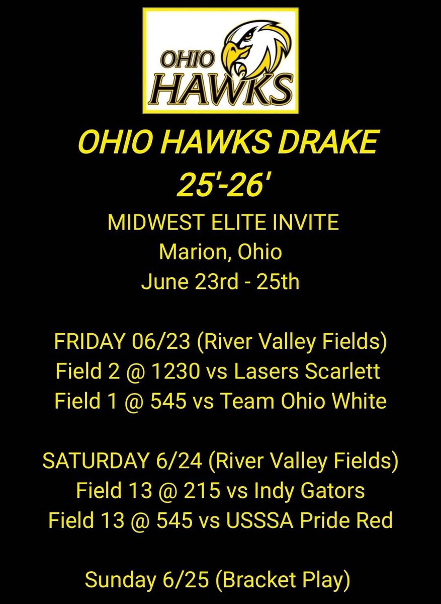 Hawks Drake 25’-26’ is back in action this weekend at the Midwest Elite Invite in Marion! Come watch us play! <a href="/hawksdrake/">Ohio Hawks Drake 2025/26</a>