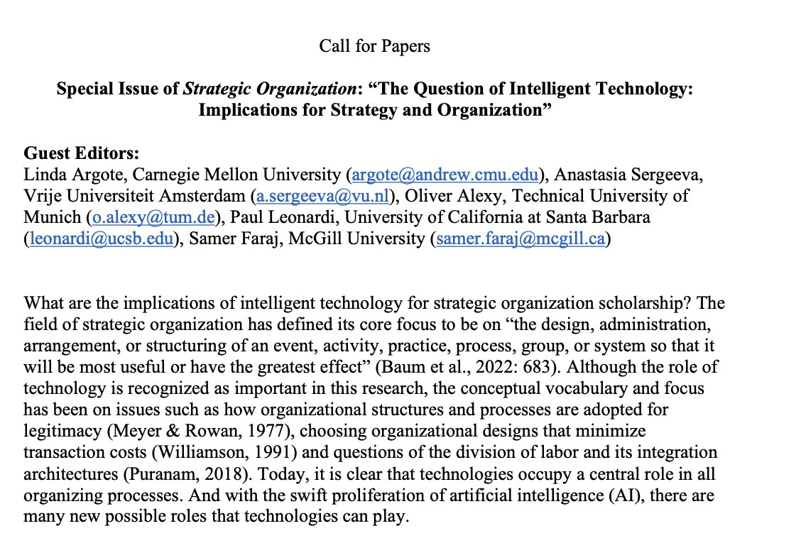 📢 New CfP! Do you work on #intelligenttechnology? 📡 The deadline for the SO! SI on "The Question of Intelligent Technology: Implications for Strategy and Organization" is on January 31, 2024 🕰️ 👉journals.sagepub.com/pb-assets/cmsc…
 We are looking forward to your submissions!