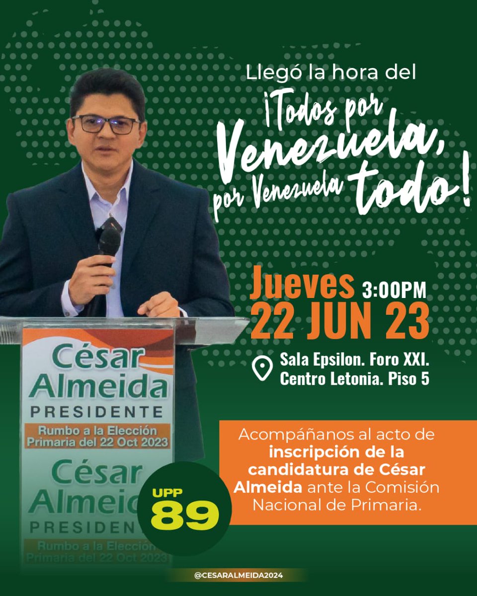 Todos por Venezuela por #venezuela  Todo. Acompañemos mañana a nuestro candidato <a href="/cesaralmeid2024/">César Almeida</a>
 El candidato que decidió seguir firme en el acompañamiento de la sociedad Venezolana, en ser ese candidato abanderado por la mayoría de la gente en esta próxima elección de primaria