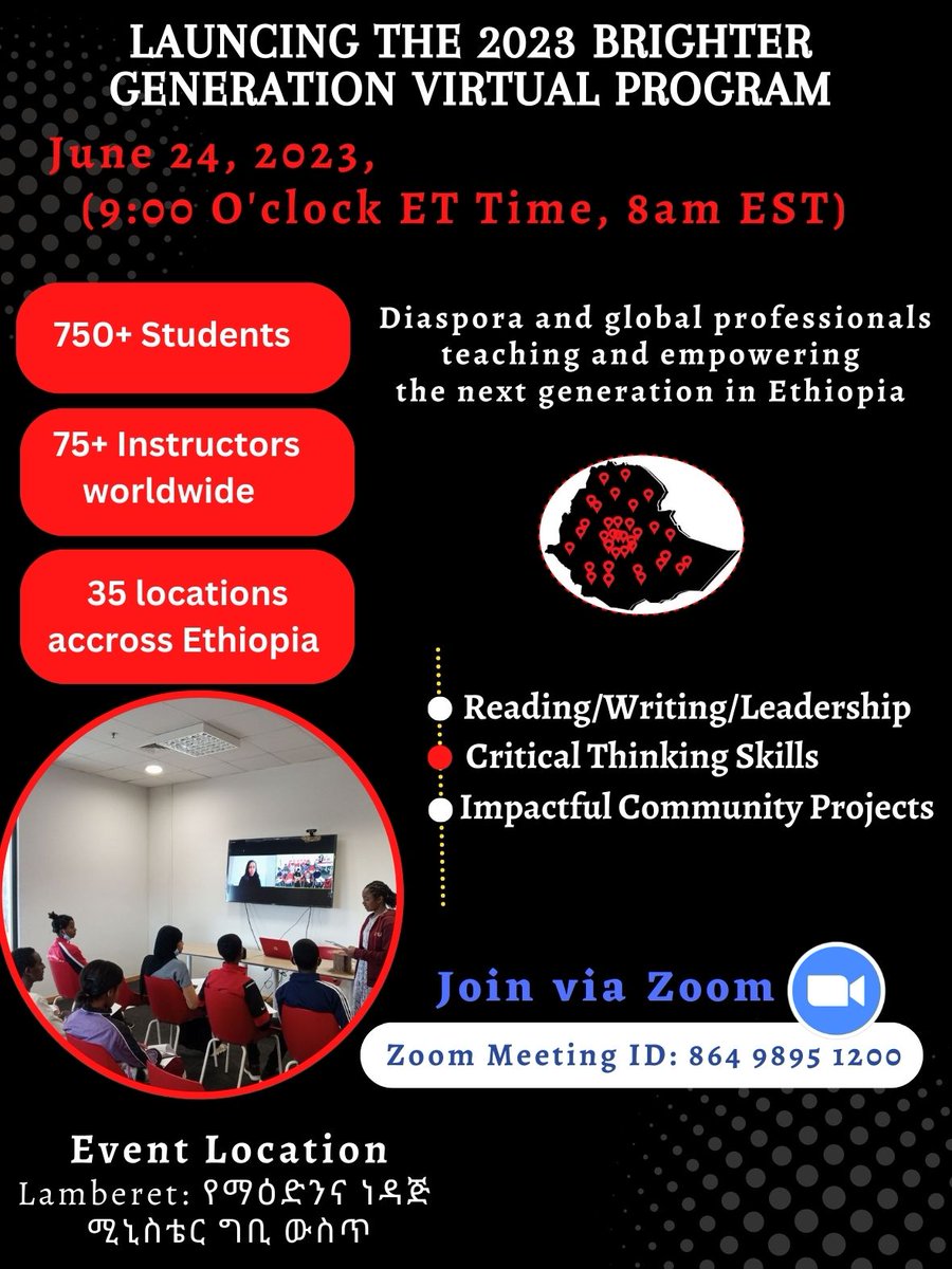 Brighter_Gen's tweet photo. 1/3 Calling all changemakers! Join us at the virtual opening ceremony of the Brighter Generation 2023 program on June 24th, 8am (EST). 🎉 This year, we have the opportunity to impact the lives of 750+ students across 35+ locations in Ethiopia. https://t.co/hdwBKF7BNV