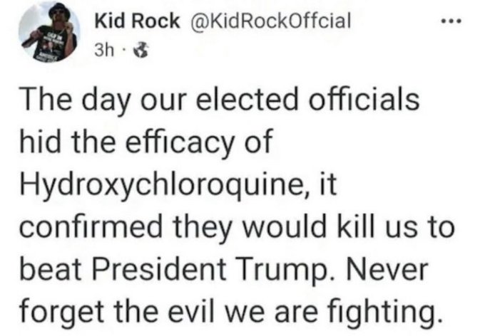 Notice how Kid Rock said 'elected officials' not Democrats. Kid knows what is up.

It was both sides using it to steal the election away from Trump and the people.

It's easy for us all to just blame the Democrats, but you need a reality check. Your Uniparty RiNOs are just as…