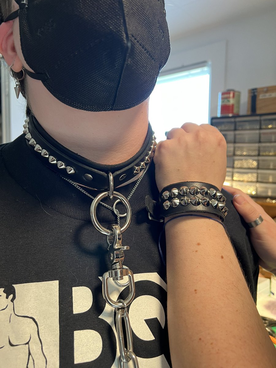Just finished the first custom appointment in my new space, this studded cuff/collar/leash set. The cuff attaches to the collar and doubles as an impact implement.