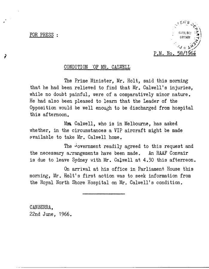 Prime Minister Harold Holt's statement on Labor leader Arthur Calwell's condition after an assassination attempt in Sydney a day earlier, June 22, 1966 [PM Transcripts]
