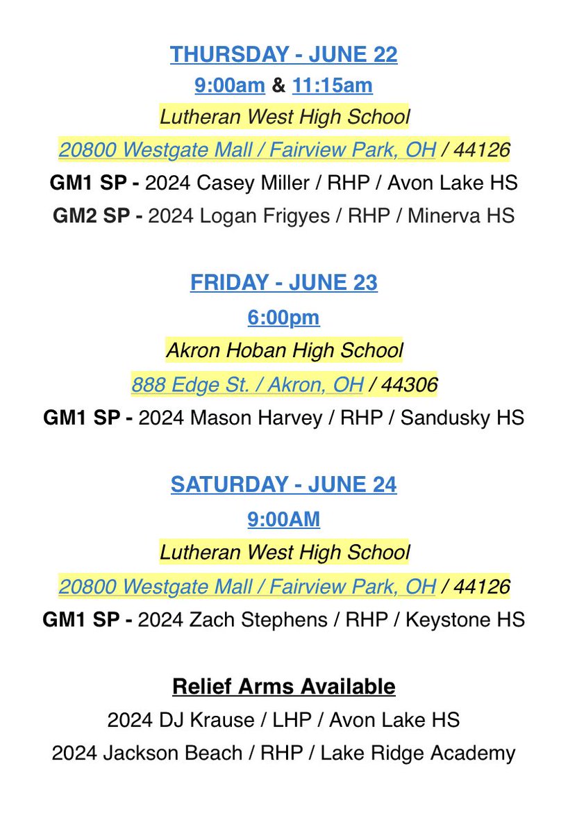 Back in NE Ohio this weekend at the 965 Elite Midwest Tournament

Pitching Rotation for pool play below ⬇️

<a href="/965MWC_Scouting/">Midwest Challenge Tournaments Scouting Coverage</a> | <a href="/T3_Warhawks/">T3 Warhawks</a>