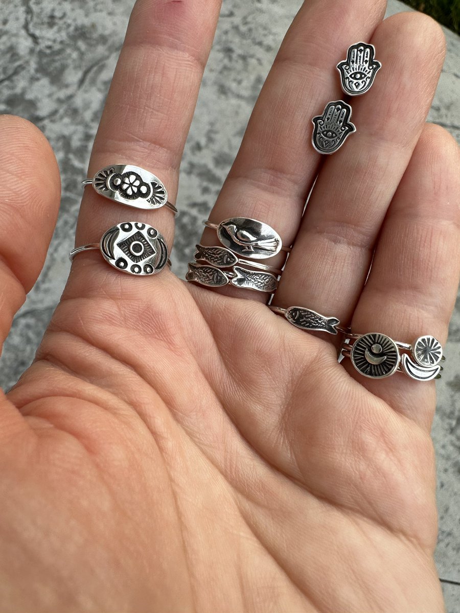 Packing up these orders tonight.  Fishies and birdies and flowers and moons. 
.
.
.
.
.
#rings #stackrings #stackers #proxartist #stackingrings #uniquerings #madetoorder #birdring #fishring #delicaterings #delicatejewelry