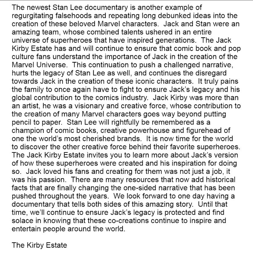 For everyone who knows me, my grandfather was a big part of my life and his creations are loved by everyone around the world.  We think it’s about time that he starts to get due recognition globally. Official response from Jack kirby Estate towards newest SL documentary