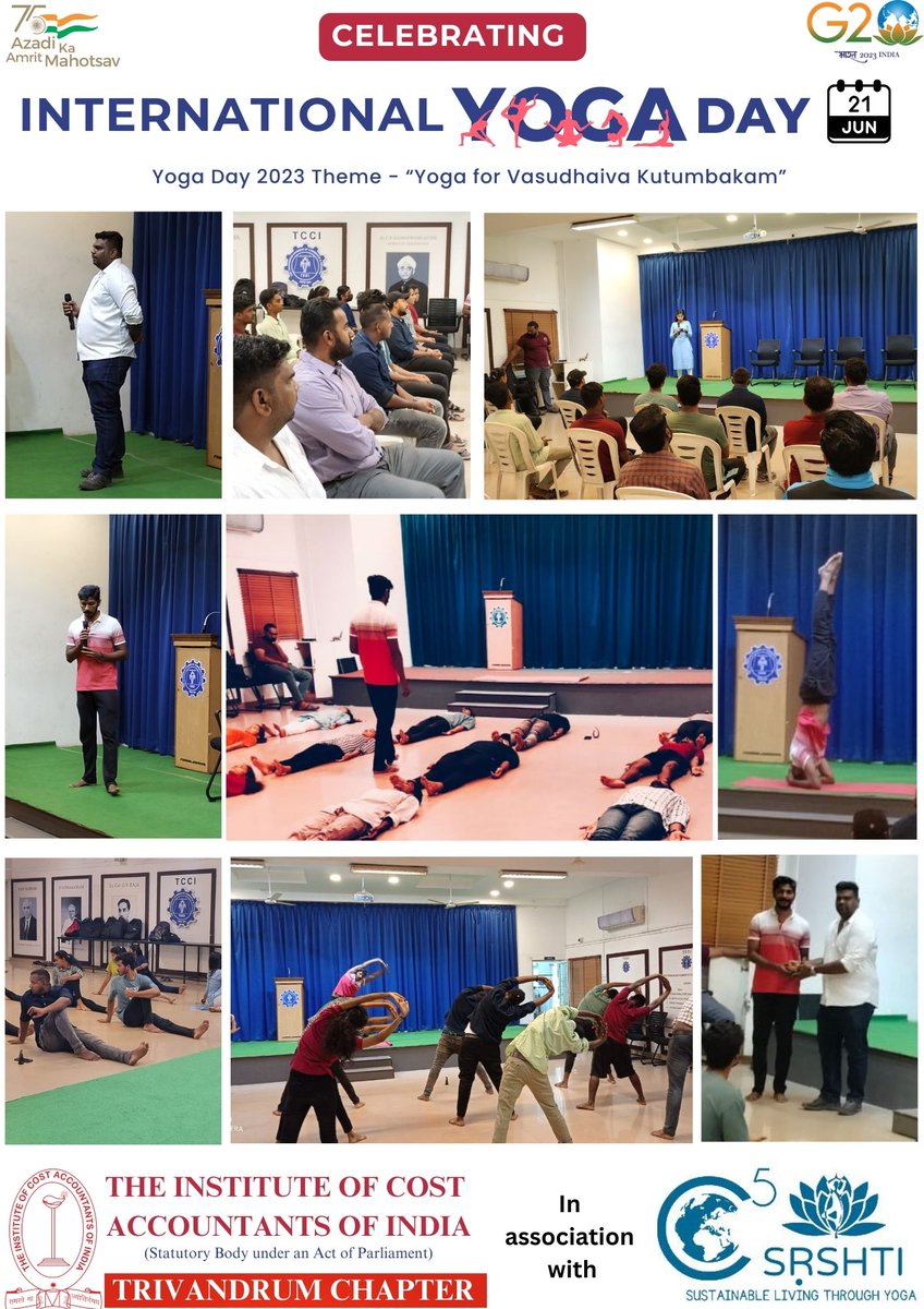 Glimpses of International Yoga Day Celebration - ICMAI Trivandrum Chapter

@moayush @g20org @icaicma

#yogaday #internationalyogaday #G20India #AzadiKaAmritMahotsav #yogaday21stjune #cma #icmai #cmatrivandrumchapter #costaccountant #cmaprofession #costandmanagementaccountant