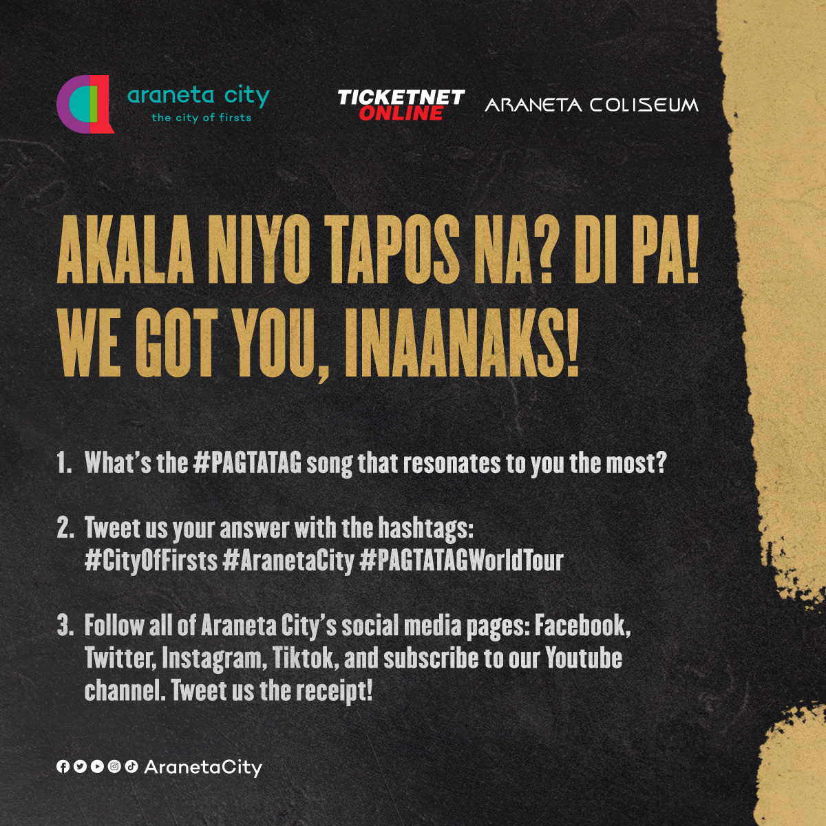 AranetaCity's tweet photo. Akala niyo tapos na? Di pa! We got you, inaanaks! Get a chance to win TWO (2) #SB19PAGTATAG tickets at the Big Dome! 🥰💙

Check poster for more details! 

Good luck, inaanaks! 💥✨
#CityOfFirsts #AranetaCity #SB19 #PAGTATAG #PAGTATAGWorldTourManila https://t.co/jEL61Lg2VY