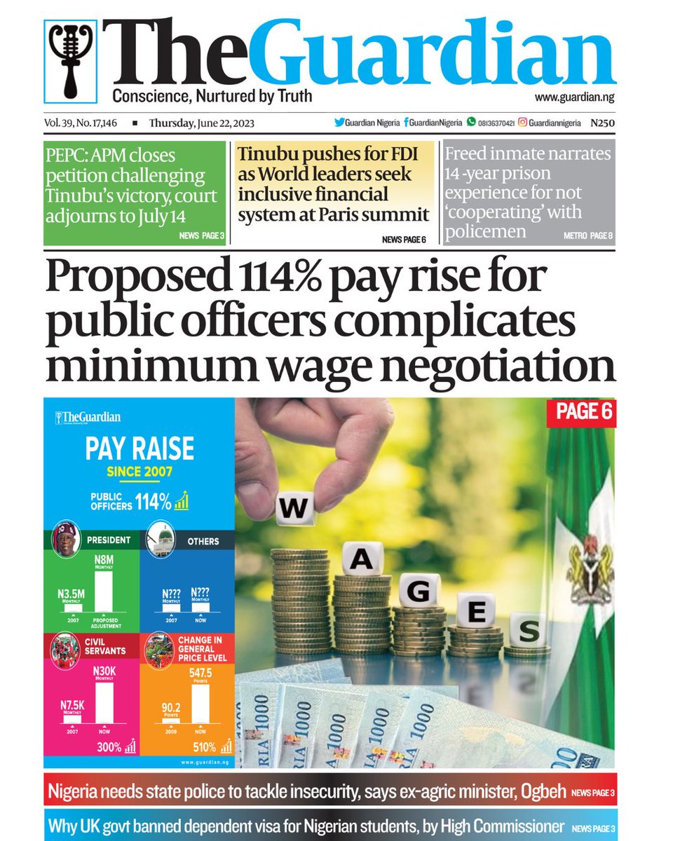 These are the headlines in today’s edition of The Guardian.
Get The Guardian on the newsstands for the latest in world news, sports, and in-depth analysis. ⁣

Visit guardian.ng for more.
#Tinubu #MinimumWage #PEPC #APM #Nigeria