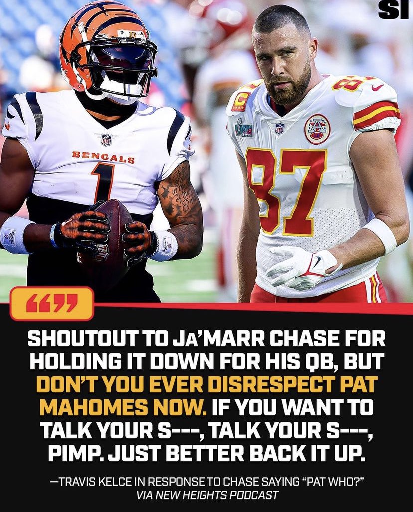 Nati_Sports's tweet photo. Travis Kelce has so quickly become the most annoying MF there is in the NFL

Ja’Marr Chase against KC (Reg season) 

2 games
20 Targets 
18 receptions 
363 Yards 
3 TDs 

Playoffs (2 Games as well) 
17 Targets 
12 receptions 
129 Yards 
TD 

500+ of his all purpose yards come against KC. 
He backs his shit up just fine 😂