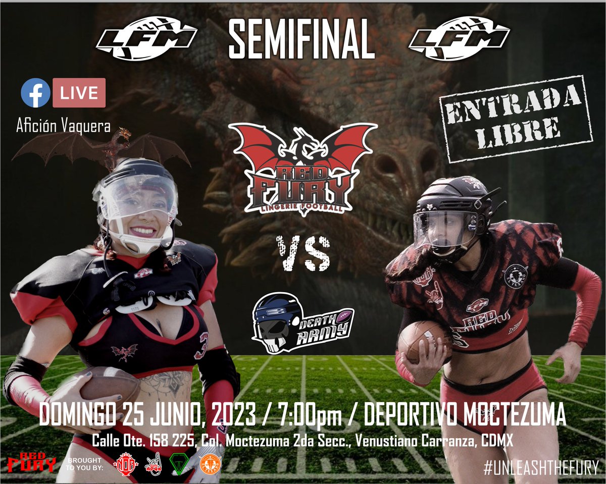 RedFuryFootball's tweet photo. #LFM Semifinal Match -Our next battle vs. #DeathArmy. Admission to the game is free, so show up dressed in red supporting our Lady Dragons. 🔴🐲🏈
#RedFuryReloaded #unleashthefury #football #bikinifootball #sexy #cdmx #mexico #ffz #lingeriefootball #nojokefootball #likeagirl https://t.co/G57K2SuzGr