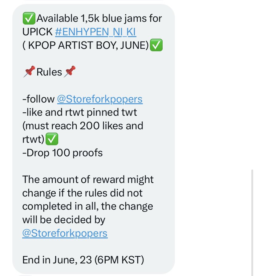 ✅Available 1,5k blue jams for UPICK #ENHYPEN_NI_KI ( KPOP ARTIST BOY, JUNE)✅

📌Rules📌

-follow @Storeforkpopers 
-like and rtwt pinned twt (must reach 200 likes and rtwt)✅
-Drop 100 proofs

📍End in June, 23 (6PM KST)

Let’s finish this quickly, kindly spread! #ENFuelUp