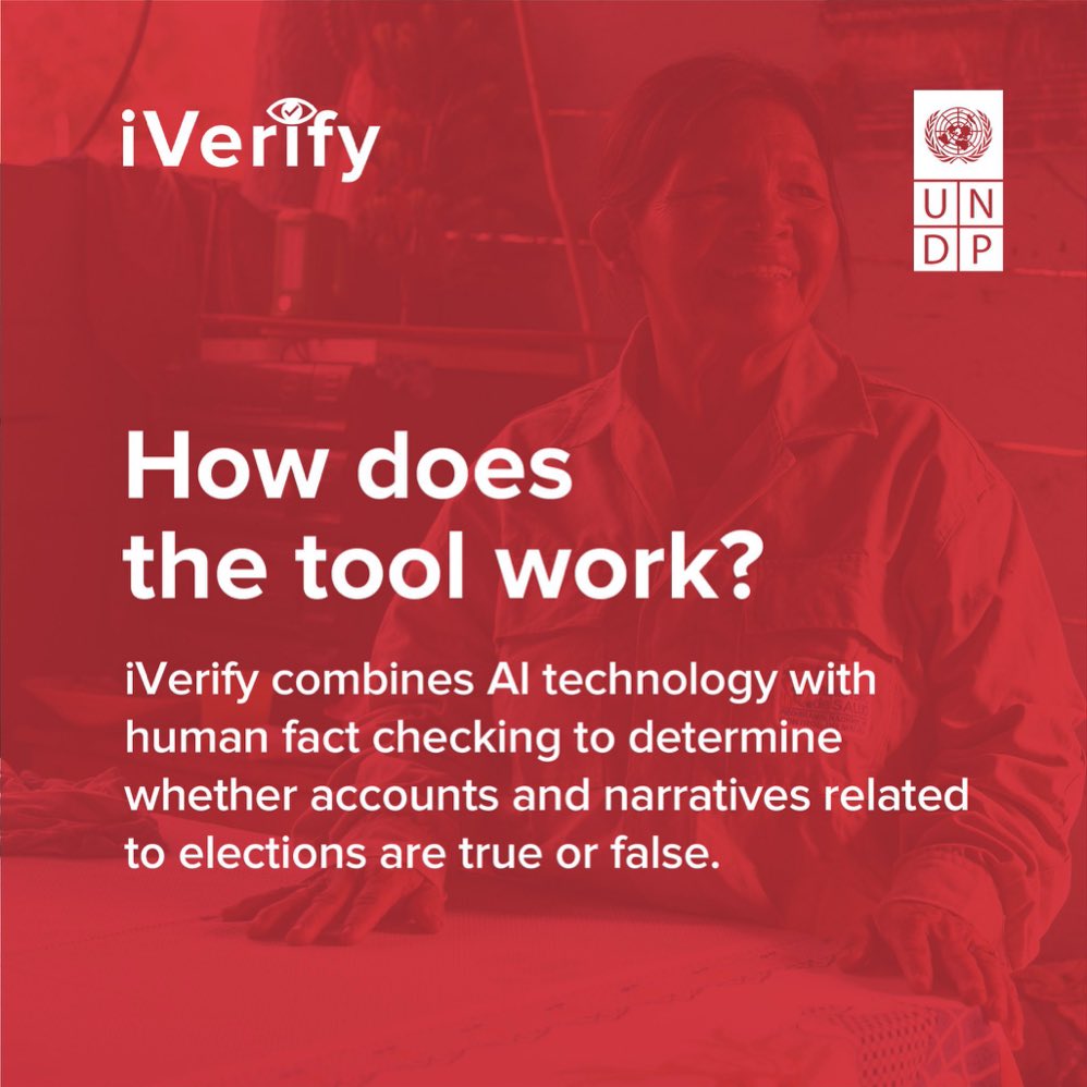 UNDPVietNam's tweet image. iVerify is the first  #DigitalPublicGood to tackle misinformation.  

Developed by @UNDP, the tool combines AI technology and human fact checking to identify false narratives. See how it works: undp.org/digital/iverify

#DigitalUNDP