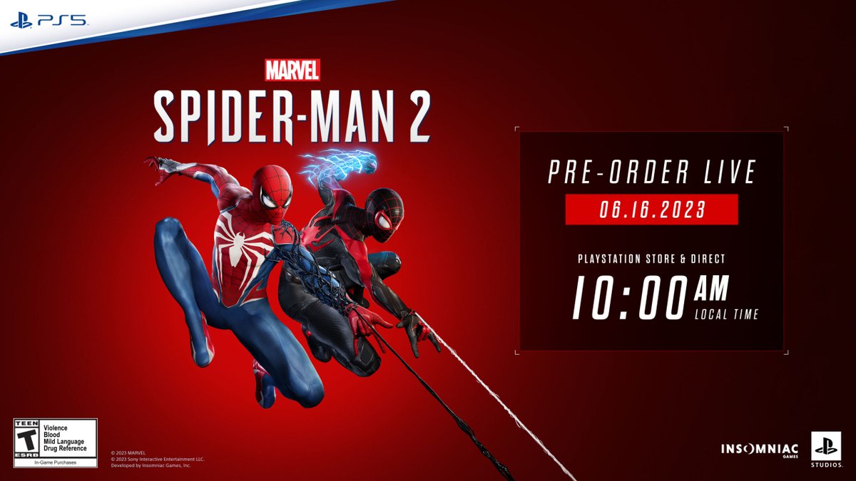 Marvel’s Spider-Man 2 will launch on Friday, October 20th, 2023, only on PlayStation 5. Pre-orders will go live at 10:00 AM on June 16, 2023. 
#PS5 #Insomniac #Marvel #SpiderMan2 #Sony #PS4