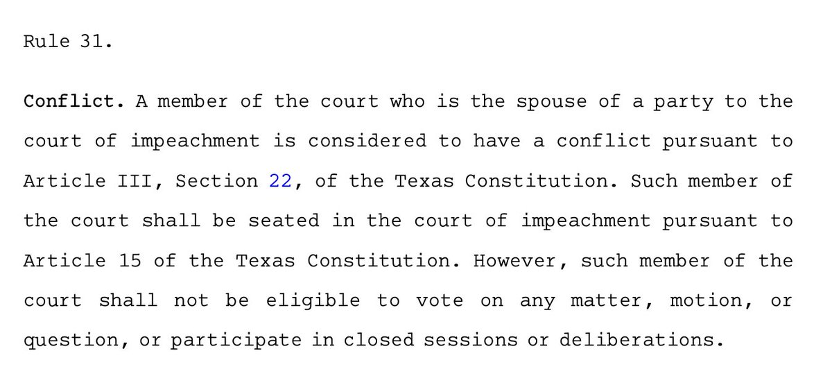 Rule 31 of the impeachment trial of Ken Paxton: his wife, Senator Angela Paxton, will not be able to vote