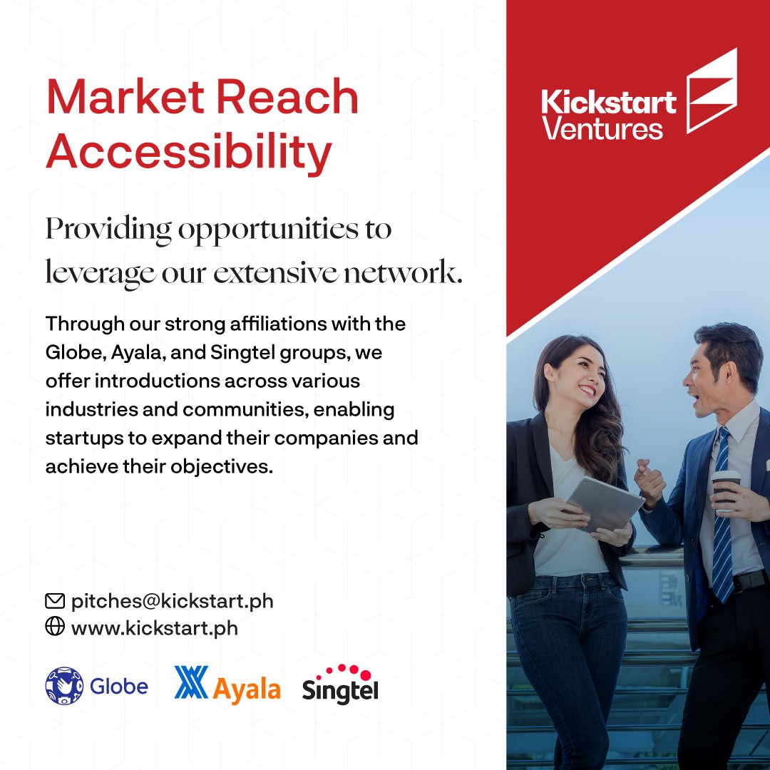 Kickstart Ventures supports early-stage startups in building business networks. Partnered with industry giants like Globe, Ayala, and Singtel, we help break barriers to entry.

Send your pitch to pitches@kickstart.ph or visit kickstart.ph.
#KickstartVentures #StartUpPH