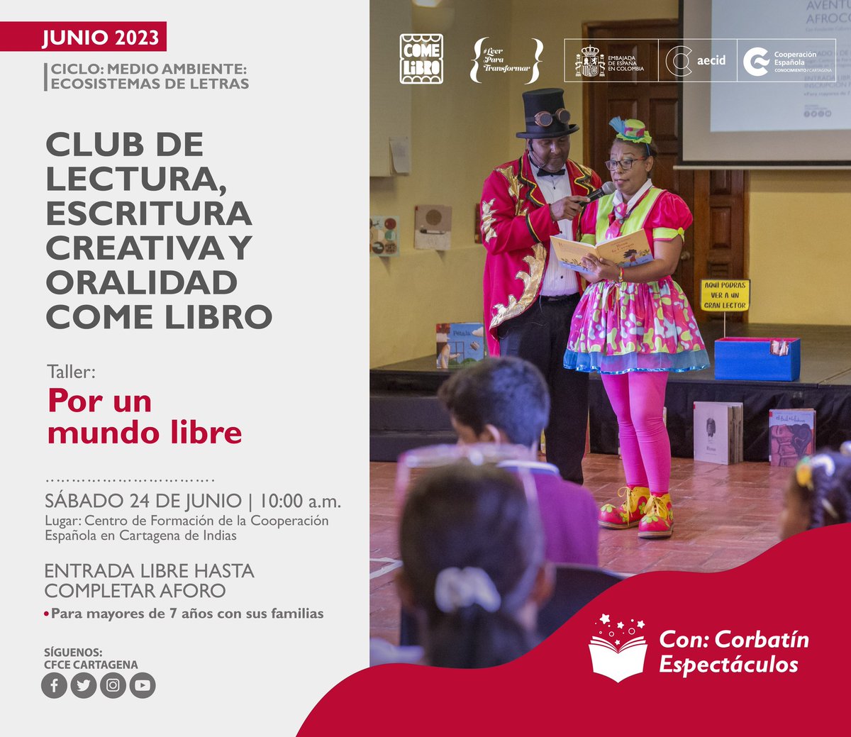 CFCECartagena's tweet photo. 📚 Este sábado el Club de Lectura #ComeLibro del @CFCECartagena trae el #Taller "Por un mundo libre".
📖 Leeremos el cuento "Cuántas gotas en la ciudad" de Eva Montanari.
📆 Sábado 24 de junio
🕓 10:00 AM
📌 Para niños mayores de 7 años
▪️ Entrada libre
#CooperaciónEspañola https://t.co/YCLn0WtsSc