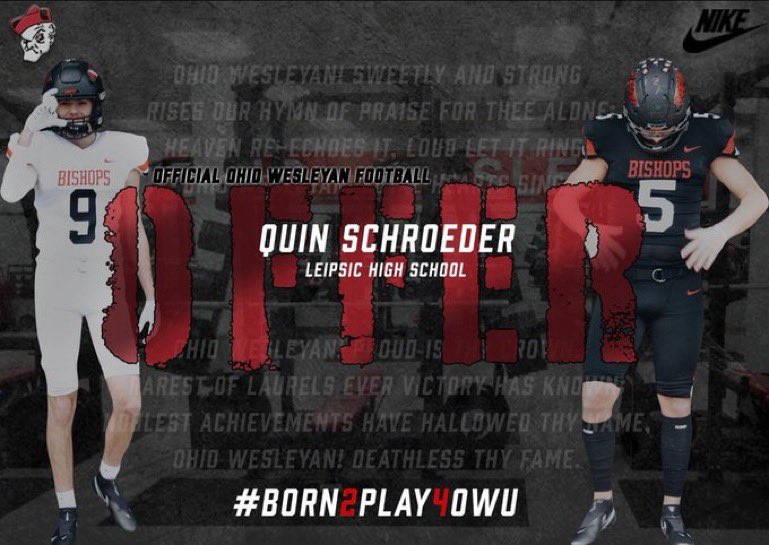 QuinSchroeder's tweet photo. After a great visit I am blessed to have received my first opportunity to play football at the next level! @CoachTomWatts @BDHeinemann @OWUBishopFB https://t.co/esQ1Xjkhz3