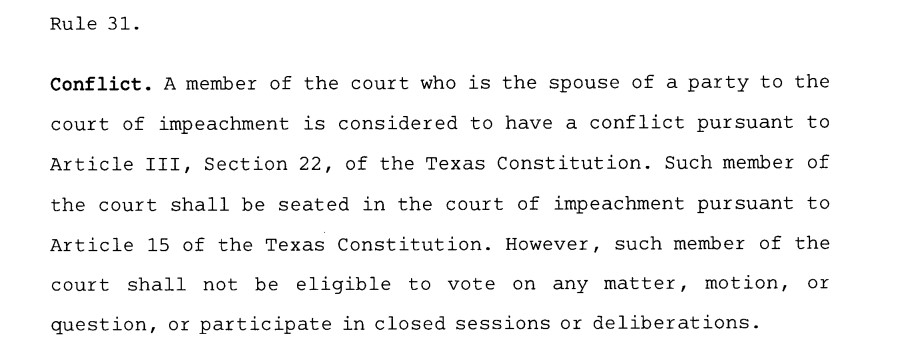 scottbraddock's tweet photo. In the Texas Senate rules for the AG Paxton trial, rule 31 specifically says Sen. Paxton has a conflict in the impeachment proceedings and may not vote or participate in deliberations #TxLege https://t.co/QSXsOimGUb