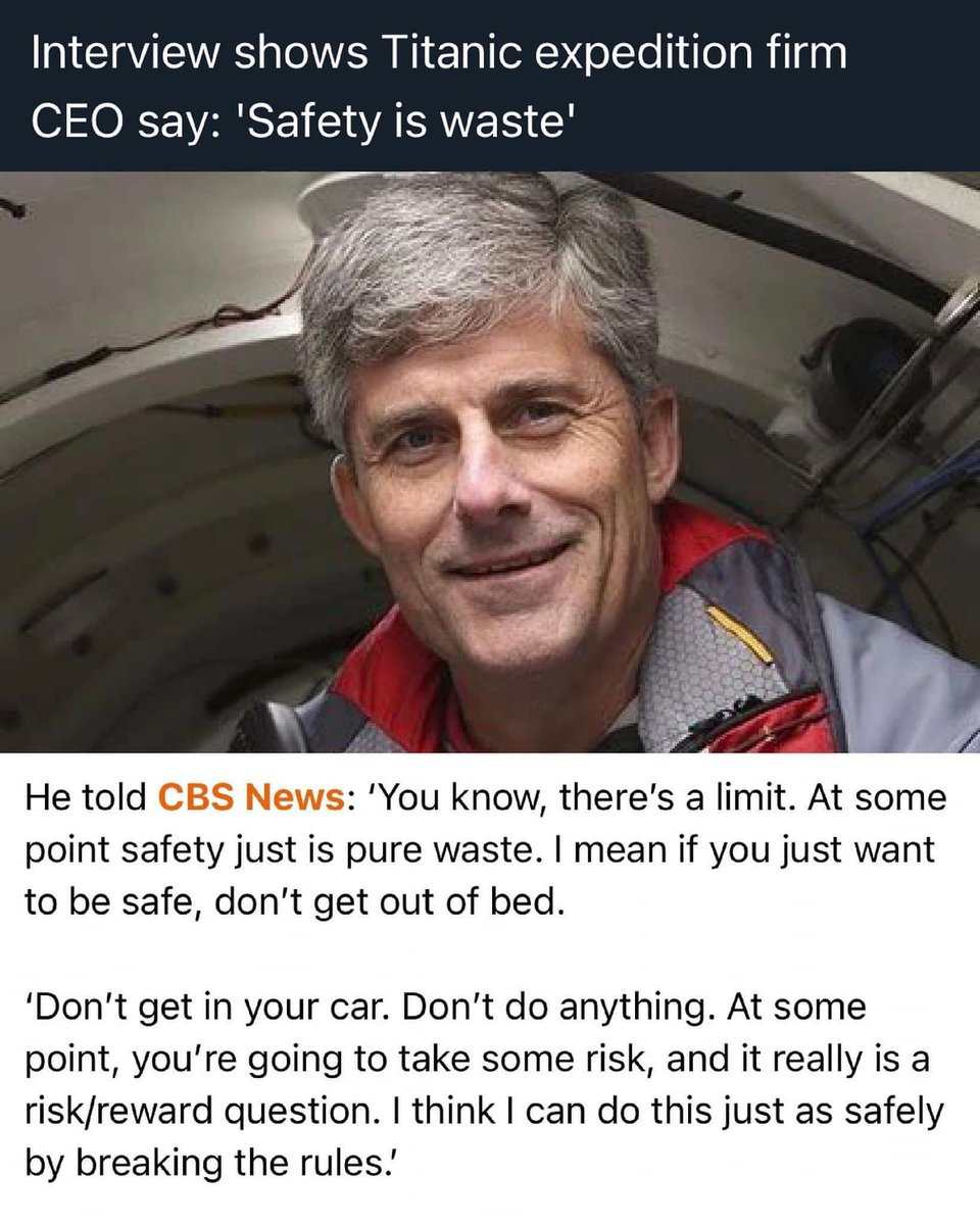 I don’t have any jokes about the Titan sub, but this right here is why we need safety regulations. This attitude by billionaires claiming unearned expertise is harmful to everyone. They want to justify great risk with great reward, but far more often we get situations like Titan.