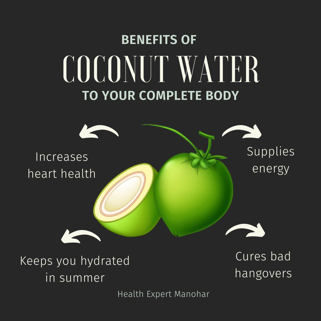 expertmanohar's tweet photo. Benefits of coconut water...

1. increases heart health 
2. supplies energy 
3. keeps you hydrated 
4. cures bad hangovers 

#coconutwater #healthandwellness #fitness #nutritionist #dietitian #healthexpertmanohar https://t.co/tMdvkWvQFK