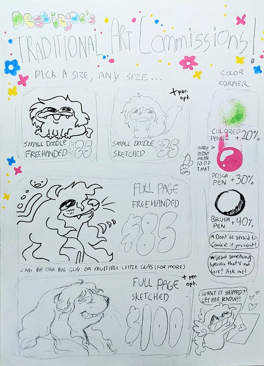 After days worth of critical thinking, I have FINALLY made a sheet for traditional art!!!!!!!
Pls Dee Em me if you're interested :3

(Also sorry if there's too much info in one page, it's REALLY hard to boil down endless possibilities into a few options ;_; )