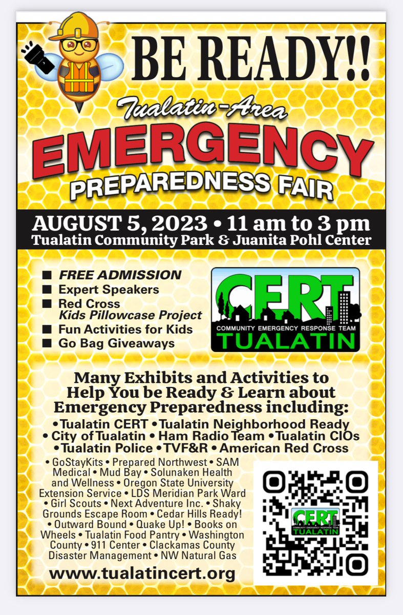 TualatinCERT's tweet photo. 🐝🐝 Be Ready! 🐝🐝
The Tualatin Emergency Preparedness Fair is August 5th from 11-3 at the Tualatin Community Park. Tell a friend!! 🎉🎉 https://t.co/1yDa8Php2N