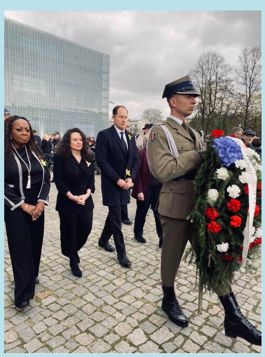 USHeritageComm's tweet photo. Warsaw, Poland: Chair @StarJonesEsq joined @USAmbPoland Brzezinski, @usmissiongeneva @USAmbHRC Ambassador Taylor, and Special Envoy for Holocaust Issues Ellen Germain @SEHI at the 80th anniversary of the  WarsawGhettoUprising, the largest single revolt by Jews during World War II https://t.co/Vz7rBh0WaQ