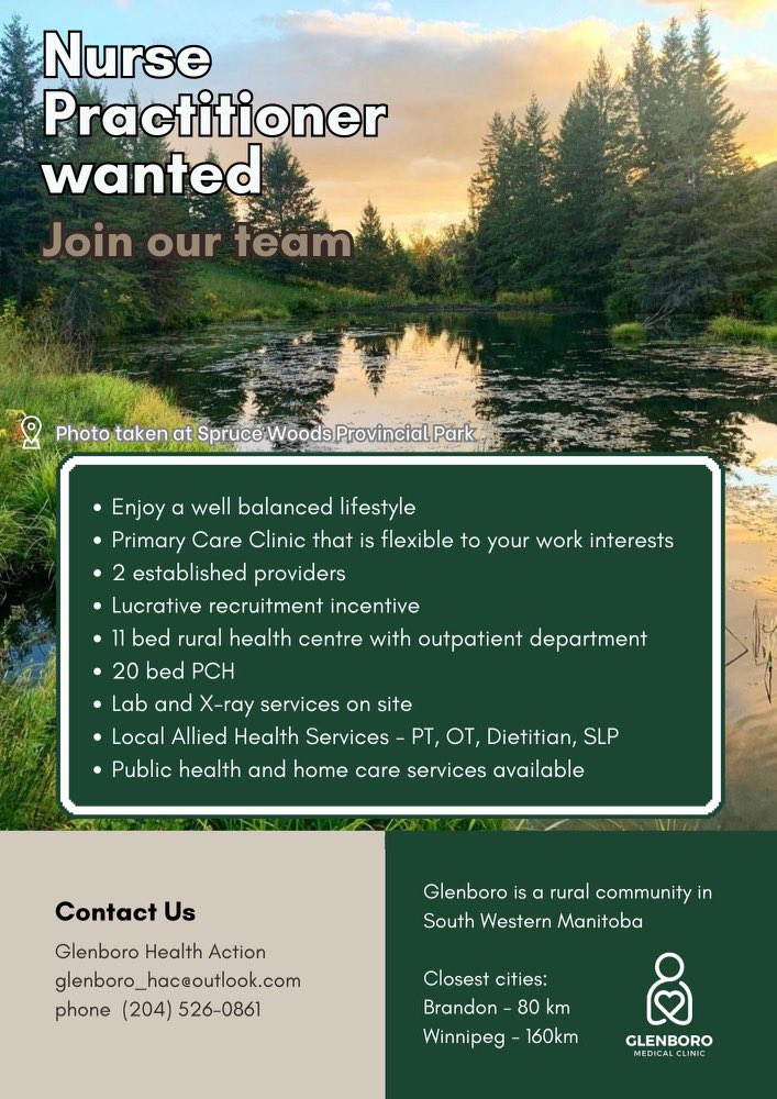 Glenboro_HAC's tweet photo. Glenboro Medical Clinic is seeking Physicians &amp; Nurse Practitioners! 

See clinic details below. Lucrative recruitment incentives available! 

Please contact Glenboro HAC at:
glenboro_hac@outlook.com or 
204-526-0861 

#ruralhealthmatters  #mbdoctors #nursepractitioners https://t.co/WPajej8WEn