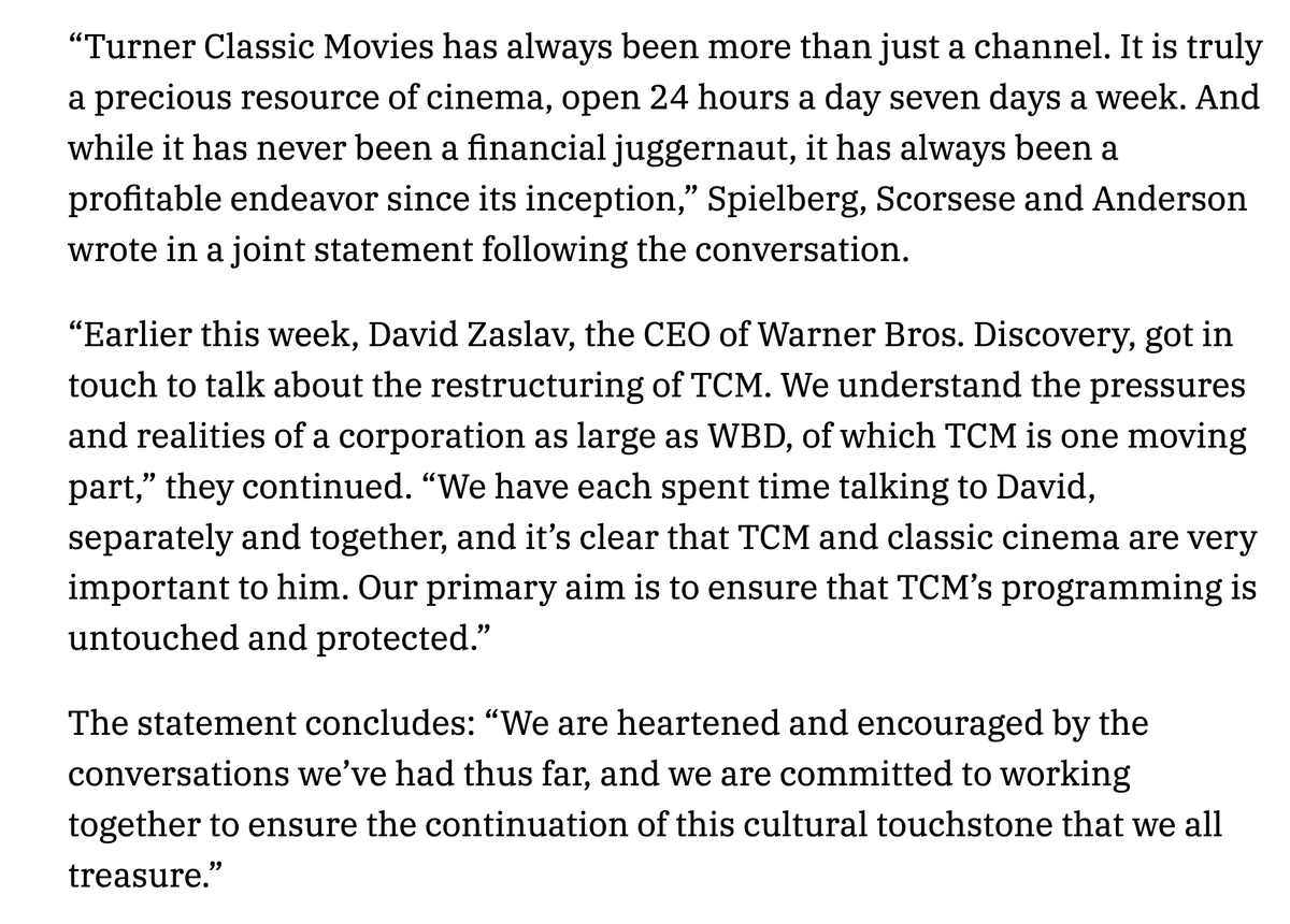 jaxbra's tweet image. Not that this gives me any real satisfaction or anything but it's something. (If it was important to him, well he wouldn't be decimating the integral part of TCM, now would he.) Let's hope they can continue to help TCM to continue.

#SaveTCM  #TCM 
variety.com/2023/film/news…