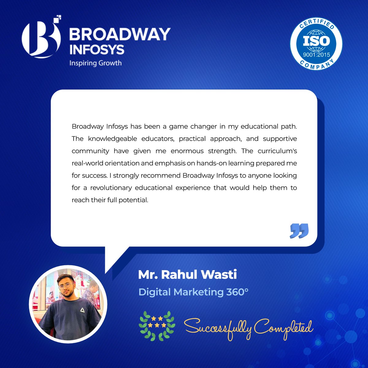 #𝐓𝐞𝐬𝐭𝐢𝐦𝐨𝐧𝐢𝐚𝐥

Details:
bit.ly/3yufbZt

#StudentTestimonial
#BroadwayInfosys
#ITTrainingInstitute
#Internship
#JobPlacementassistance