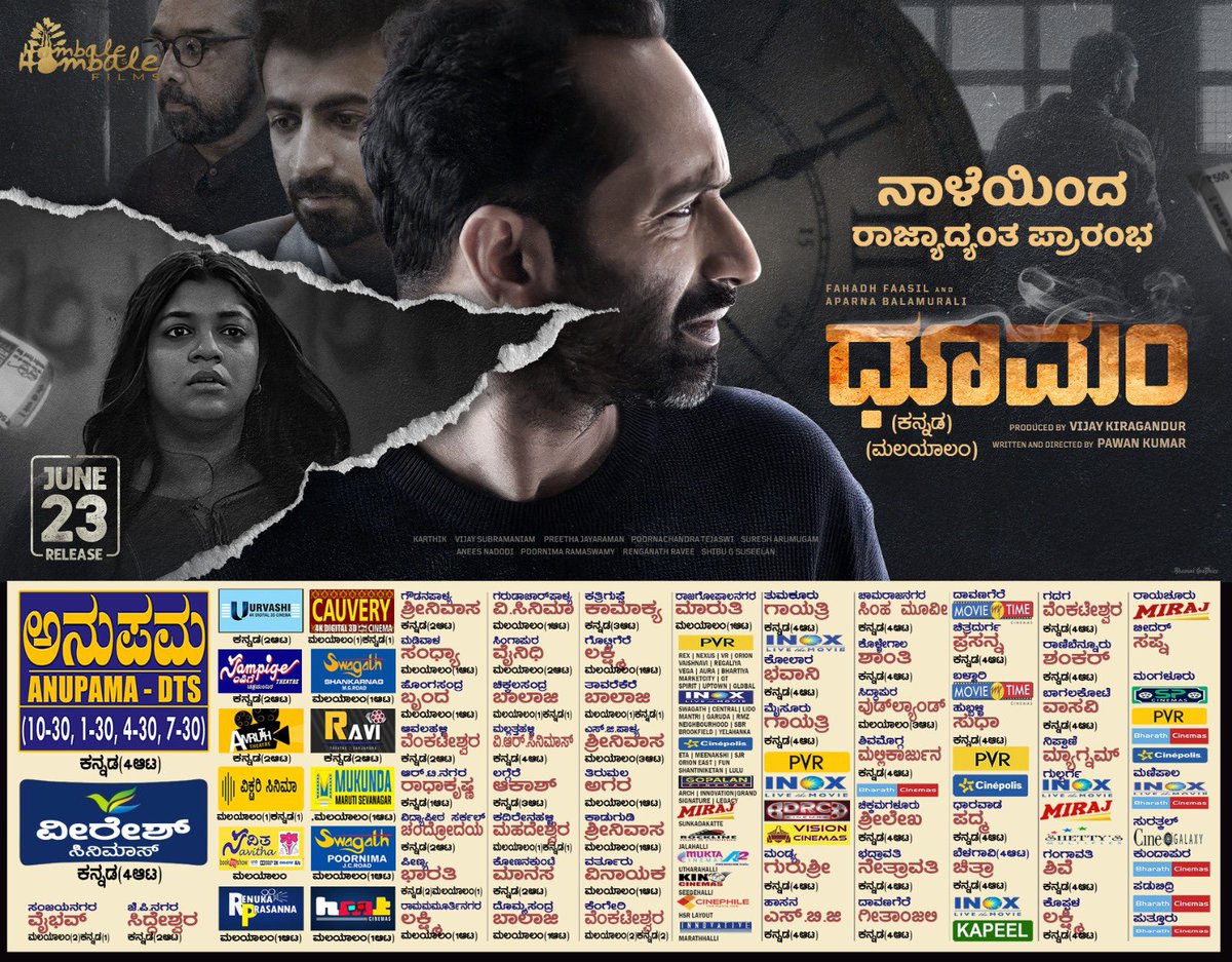 hombalefilms's tweet photo. ನಾಳೆಯಿಂದ ರಾಜ್ಯಾದ್ಯಂತ
In Cinemas from June 23rd 🔥
#FahadhFaasil #VijayKiragandur @Aparnabala2 @hombalefilms @Poornac38242912 #PreethaJayaraman @AneesNadodi @roshanmathew22 #VineethRadhakrishnan #AchyutaKumar @AnuMohanKumar @uma_yg @DharmannaKadur @ChethanDsouza @DhoomamFilm #DhoomamOnJune23