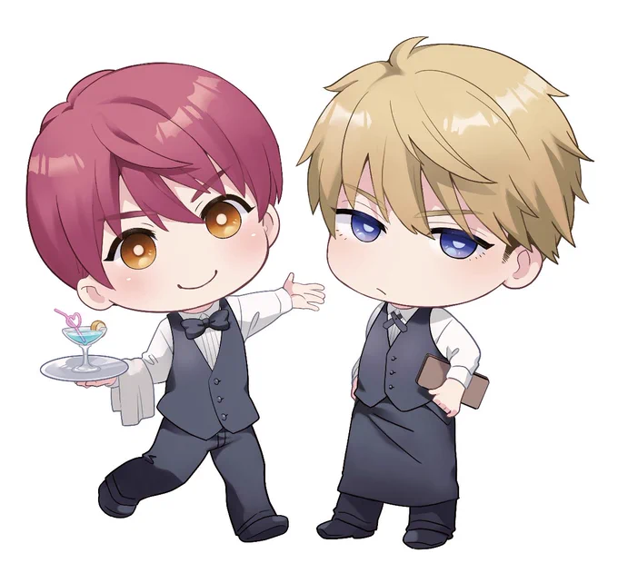 記念展グッズのミニキャラのイラストも見やすくアップにしてみましたコラボカフェにちなんでギャルソンにしてみました二人の着こなしの違いがこだわりです!以前グッズでギャルソンコスが没になったのでリベンジできて嬉しい～ 